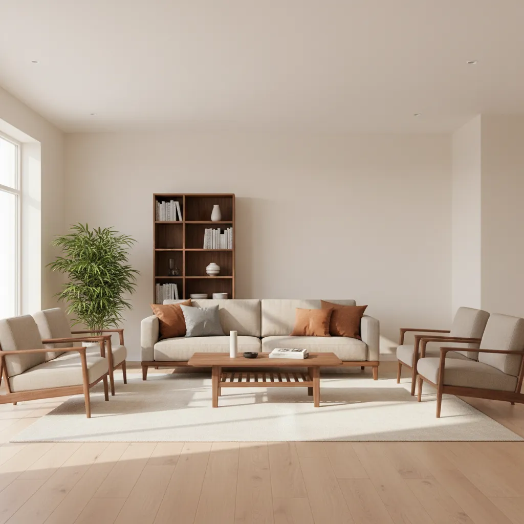 Ivory living room with walnut coffee table and warm wood accents