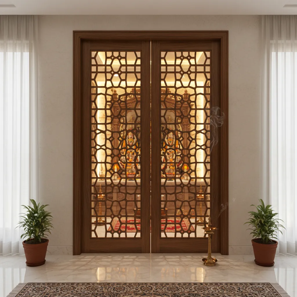 Traditional wooden jaali pooja room door with geometric lattice pattern