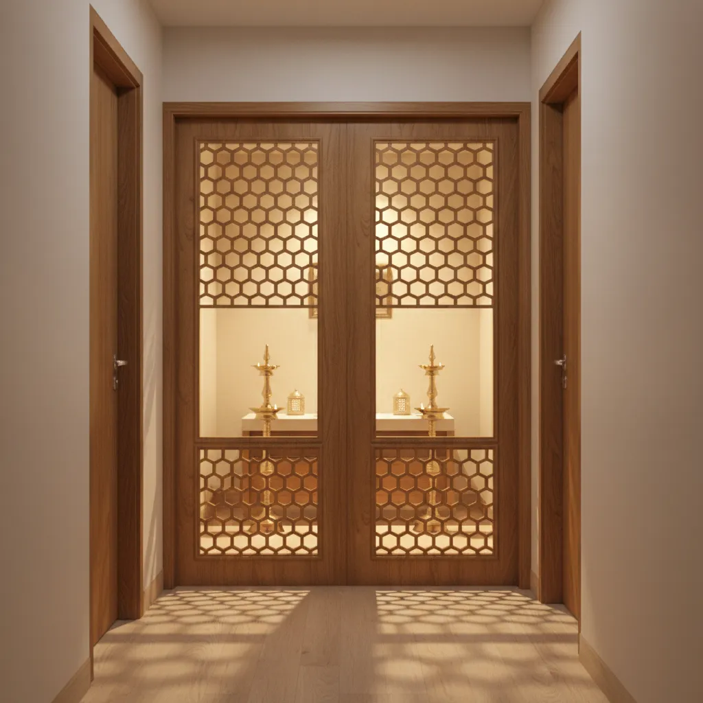 geometric jaali carved wooden doors for a compact pooja room