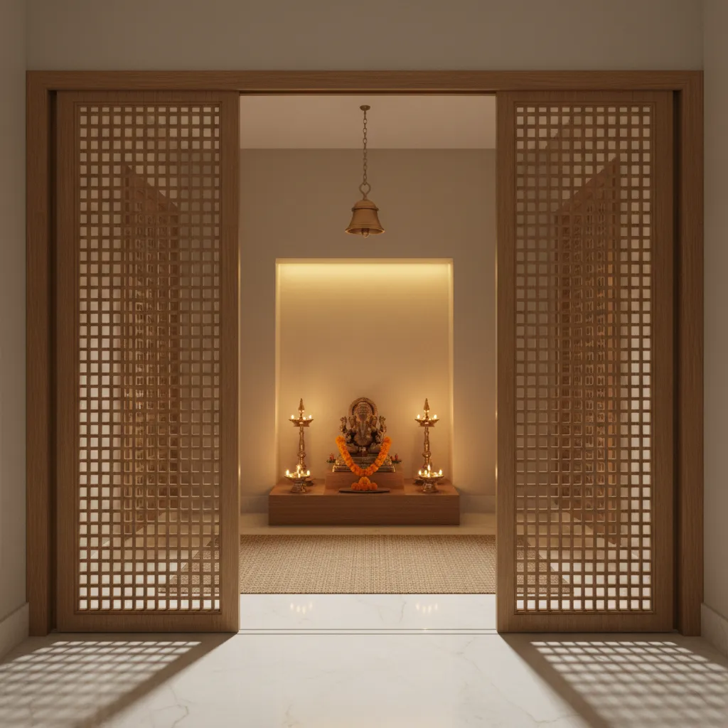 Jaali lattice pooja room doors allowing light and ventilation
