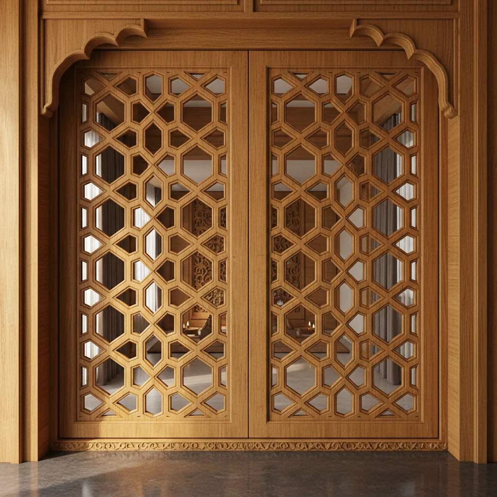Traditional wooden jaali door for a puja room