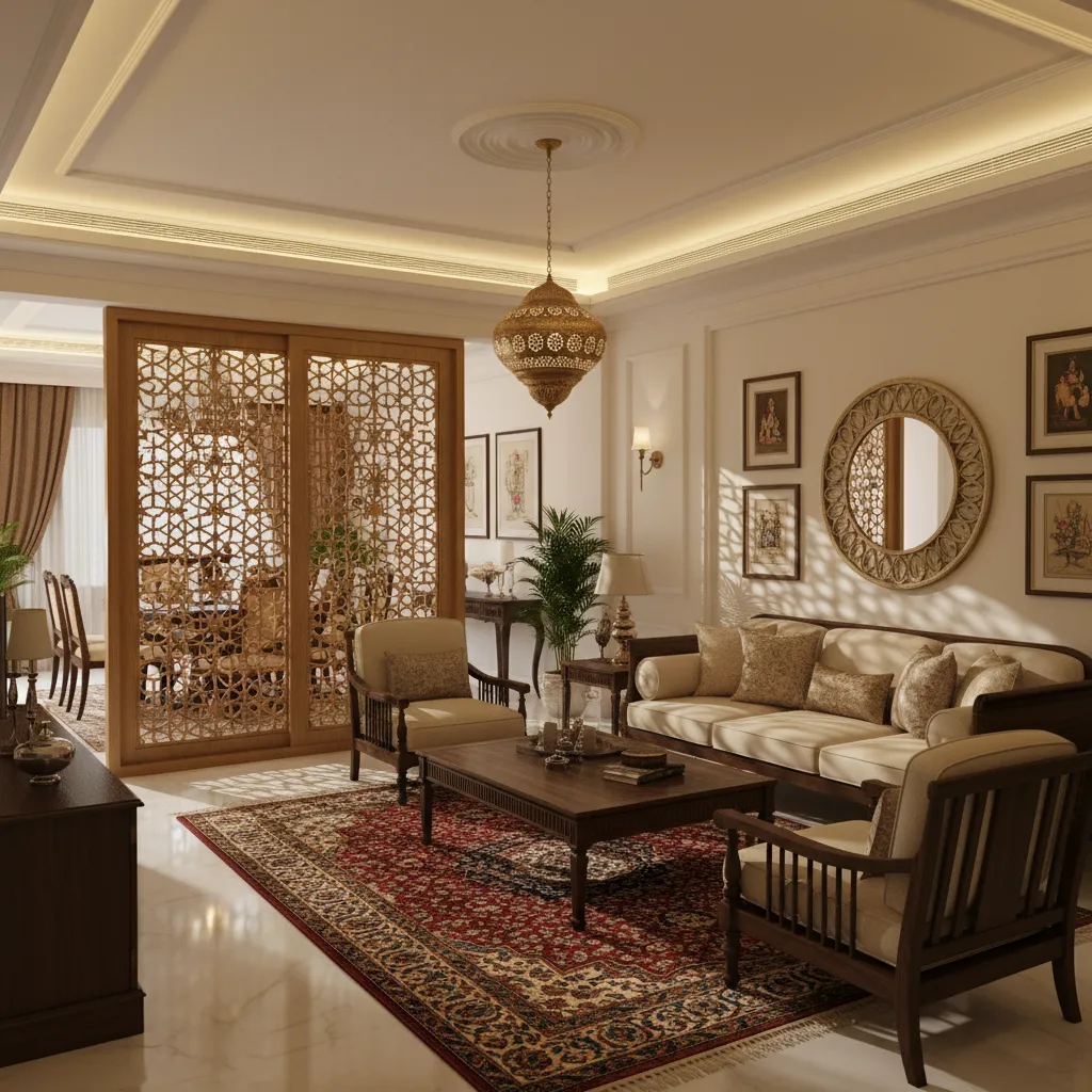 Decorative jaali sliding door panel in an Indian living room interior