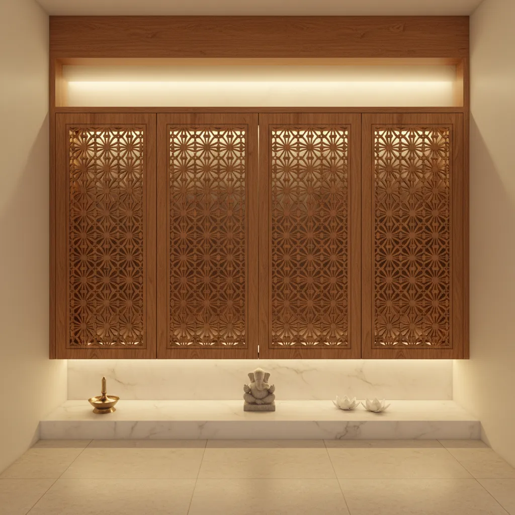 decorative wooden jaali panel used in pooja room cabinet