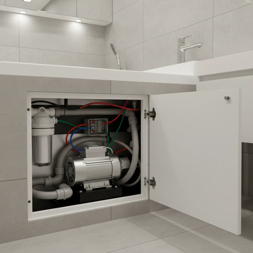 Access panel open showing whirlpool tub pump and electrical connections