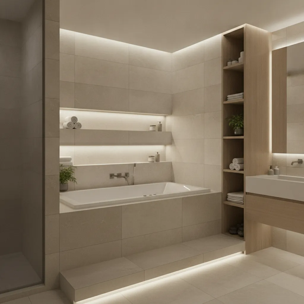 Small jacuzzi tub with recessed wall storage niches