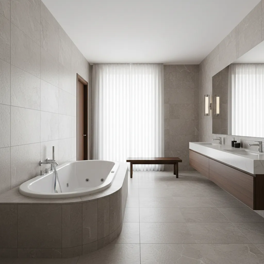 Modern bathroom remodel with installed jacuzzi tub and tiled surround