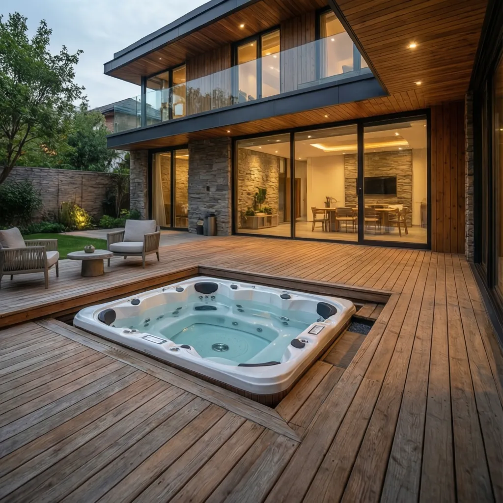 Jacuzzi empotrado en una plataforma de madera en un patio moderno