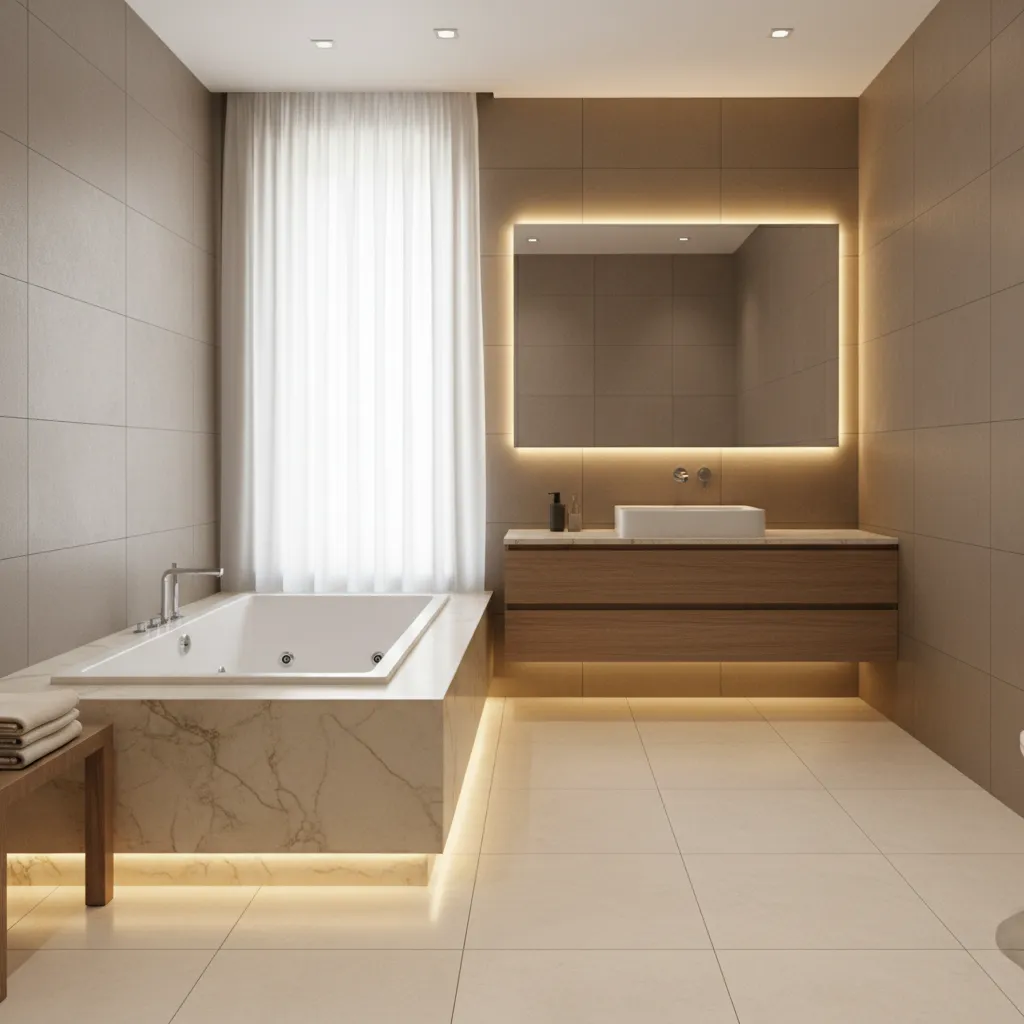 Jacuzzi de obra integrado en baño moderno con iluminación indirecta