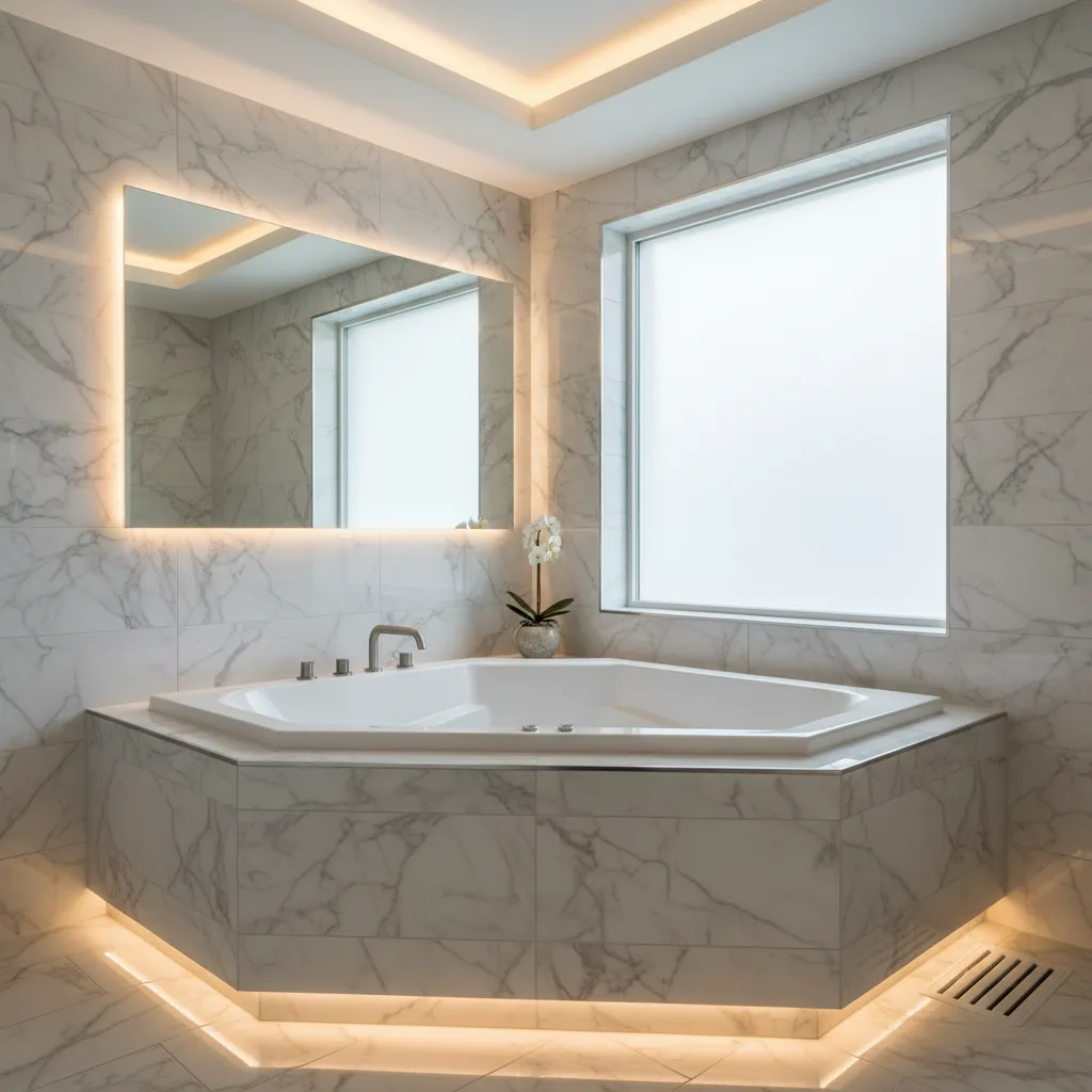 Jacuzzi de obra colocado en esquina dentro de un baño moderno