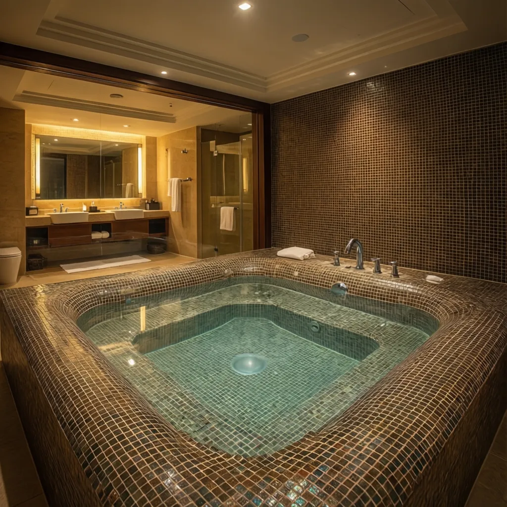 Jacuzzi de obra revestido con mosaico vítreo en un baño tipo spa