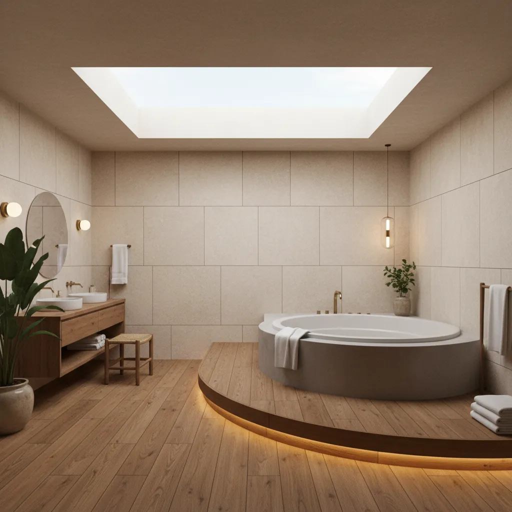 Jacuzzi de obra elevado sobre plataforma en baño contemporáneo