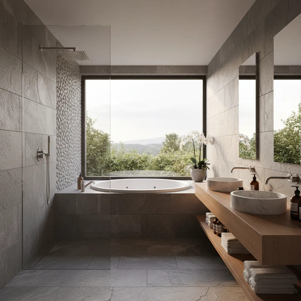 Jacuzzi de obra junto a ventana grande con estilo spa