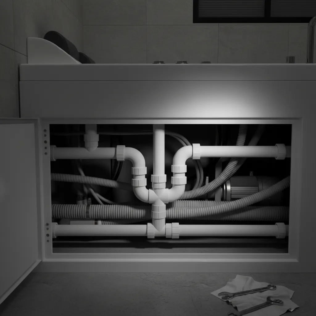 Close-up of jacuzzi bathtub plumbing connections and drain assembly