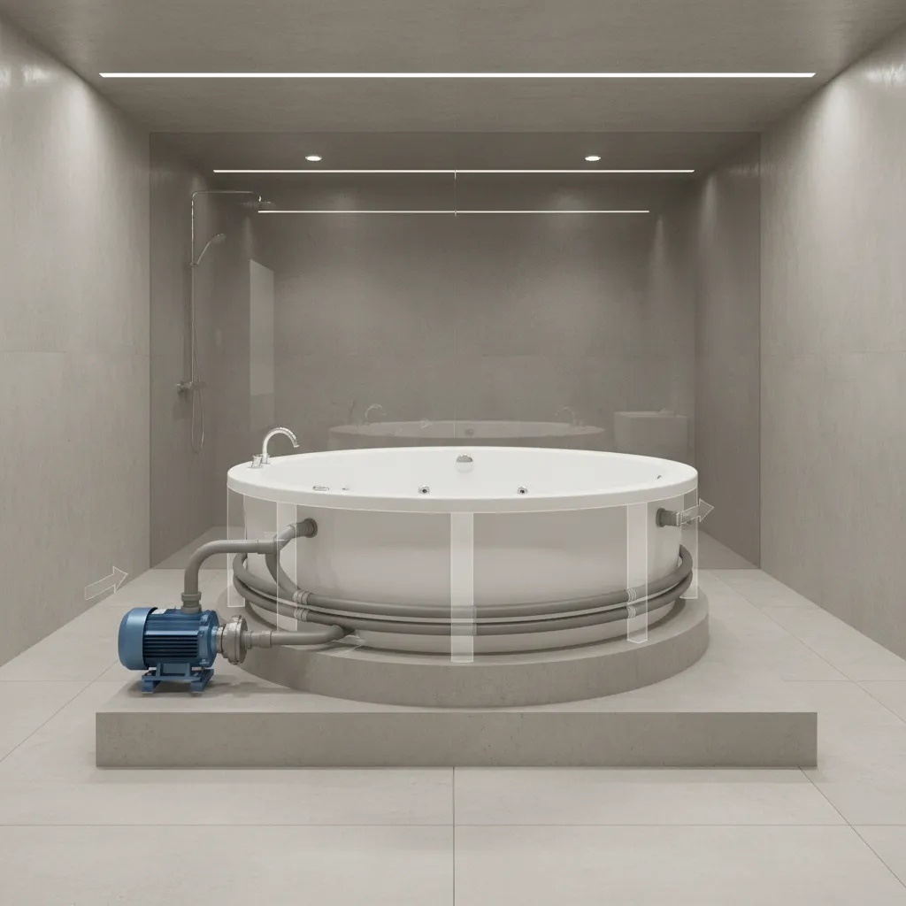 Whirlpool tub plumbing layout showing optimized pipe routing