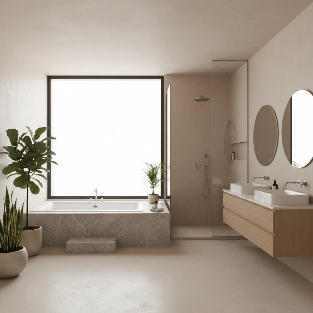 jacuzzi bathtub placed under large window in bright spa style bathroom