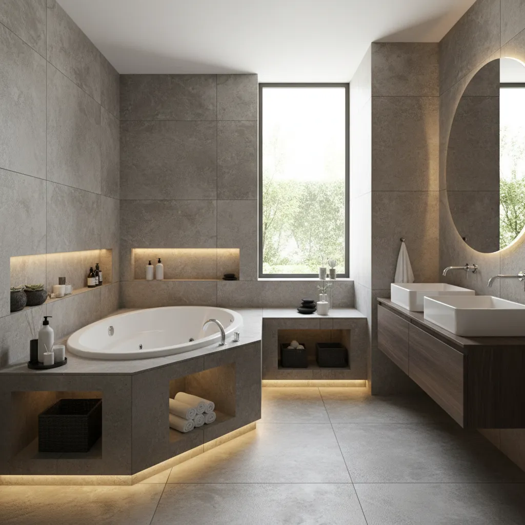 jacuzzi tub with built in storage platform and shelves