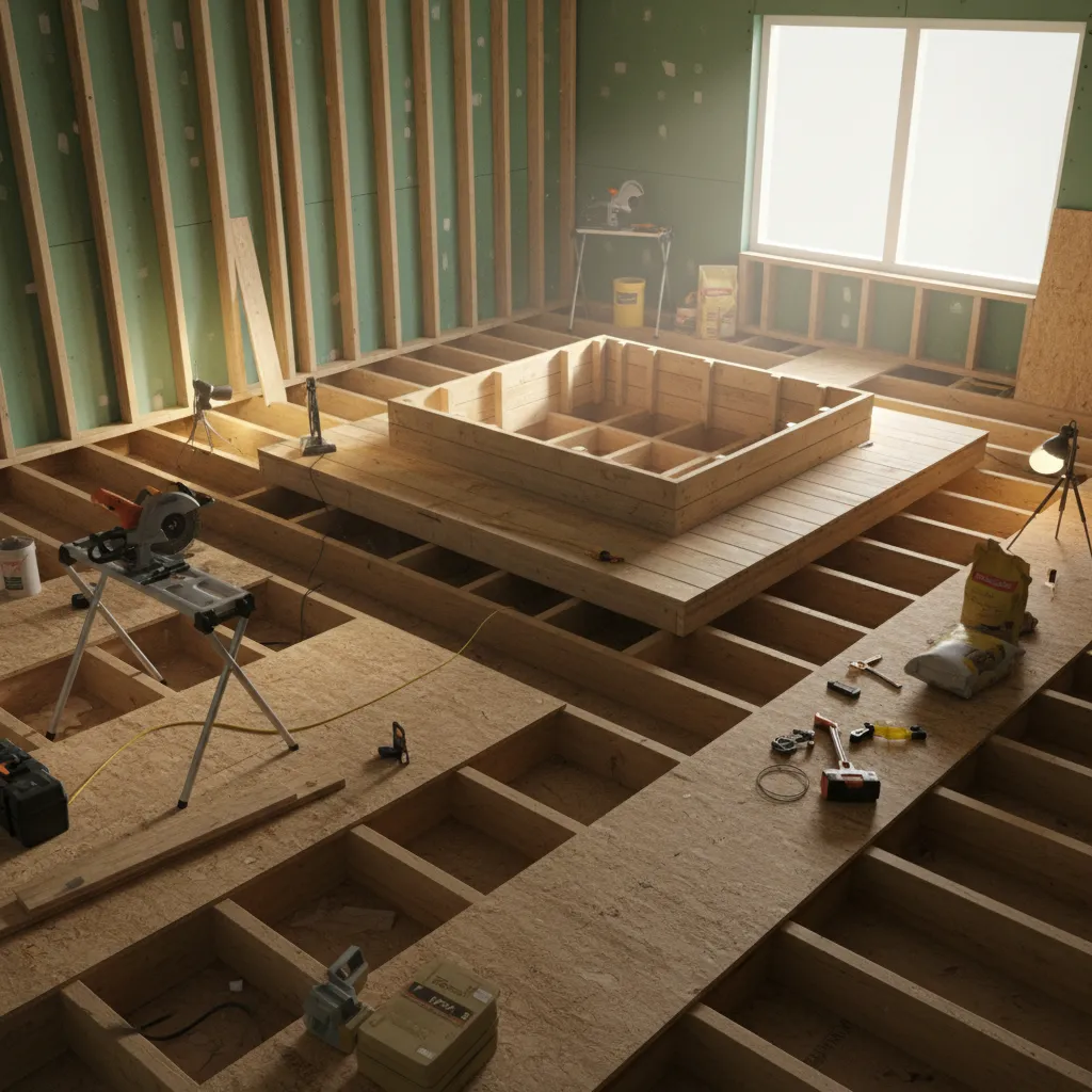 Bathroom floor framing reinforcement for heavy whirlpool bathtub