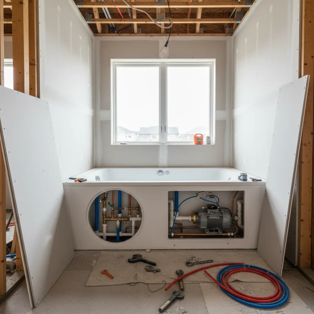 Jacuzzi tub installation showing plumbing and access panel layout
