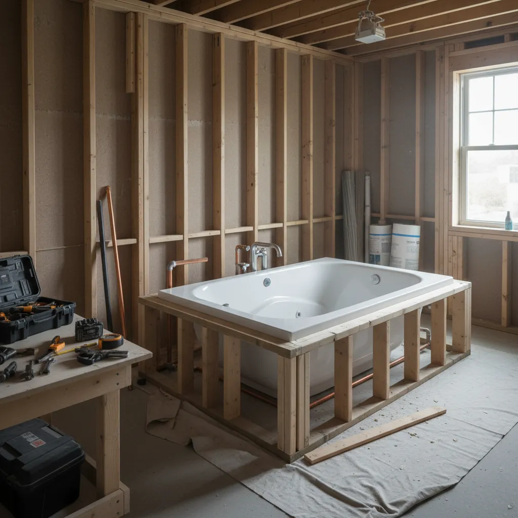 Jacuzzi tub installation showing exposed plumbing and structural preparation