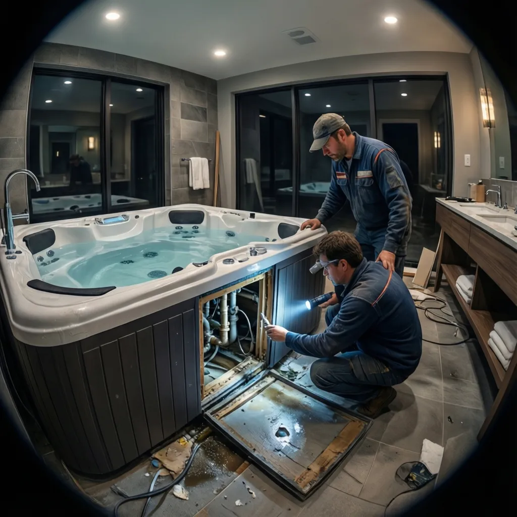 Technician testing a filled jacuzzi tub for leaks during installation