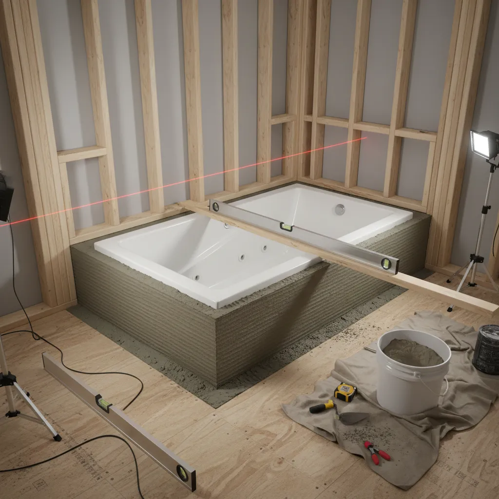 Jacuzzi bathtub base supported by mortar bed and framing structure