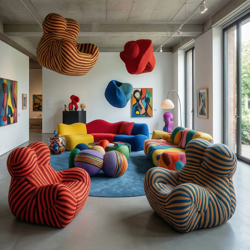 Colorful art gallery room with striped chairs, colorful sofa, abstract paintings, and blue round rug