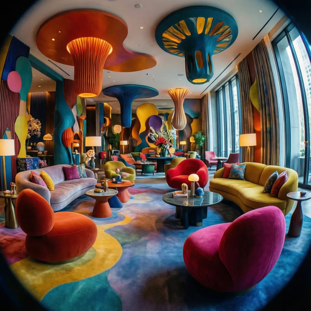 Interior creativo con muebles escultóricos y colores vibrantes