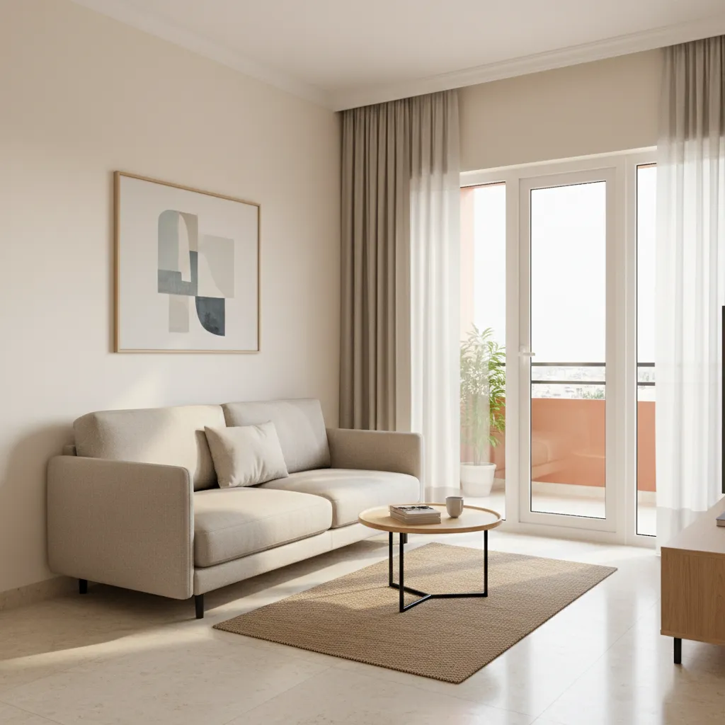 Bright living room in a 2 BHK flat in Jaipur with compact furniture and balcony light