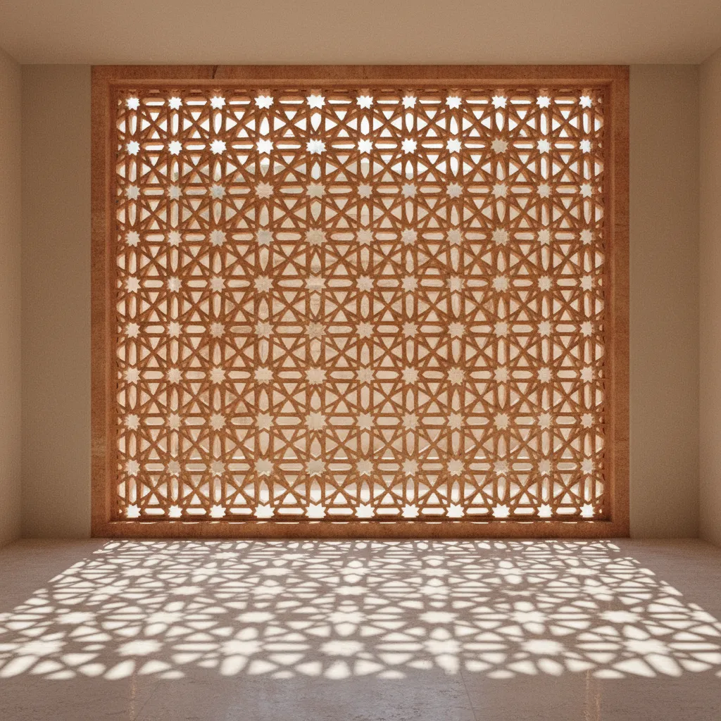 intricate architectural jali lattice screen casting patterned light shadows