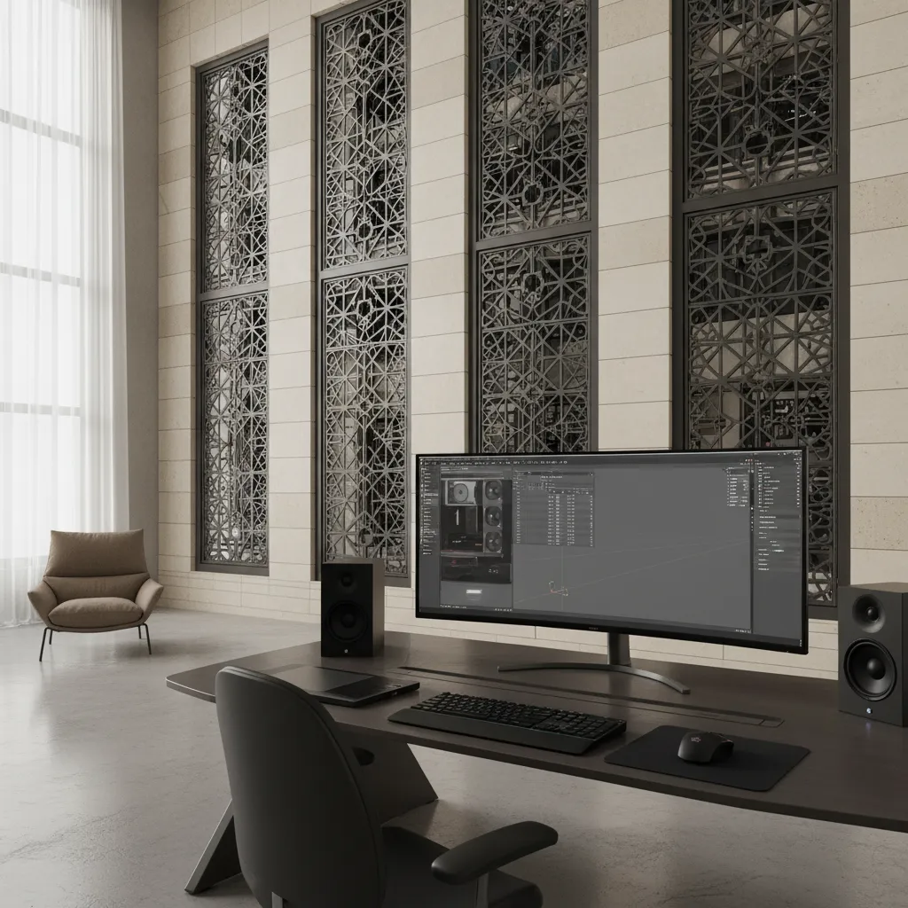 3d architectural visualization model showing detailed jali facade lattice pattern