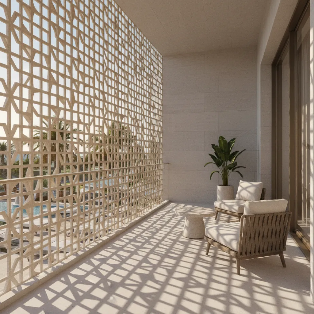 hotel balcony with patterned jali privacy screen casting geometric shadows