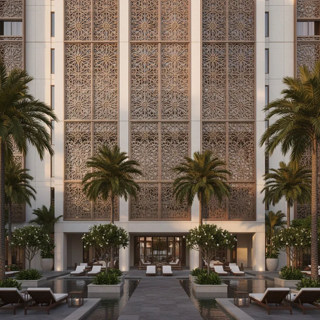 luxury hotel exterior with decorative jali screen facade filtering daylight
