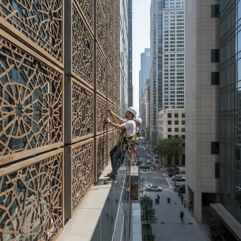 architect inspecting exterior jali facade panels on modern building