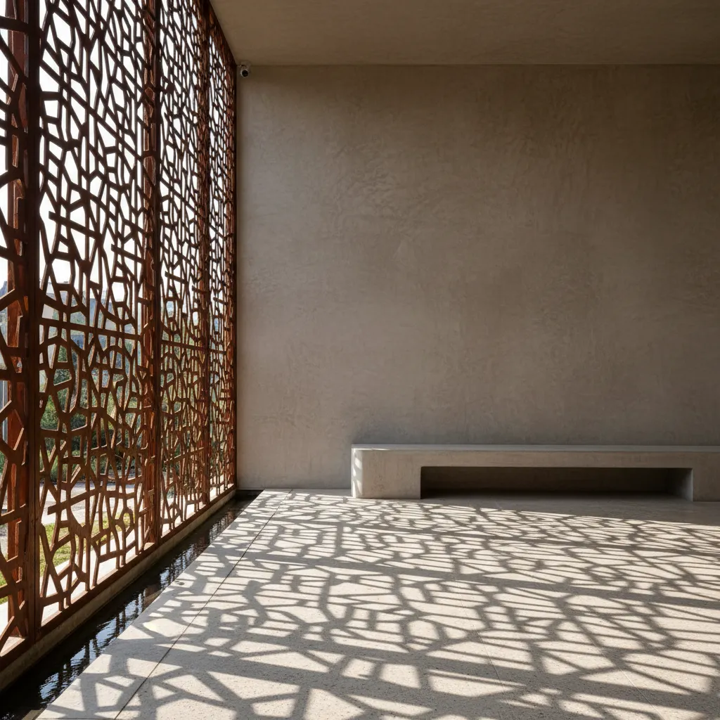 sunlight passing through jali facade creating shadow patterns