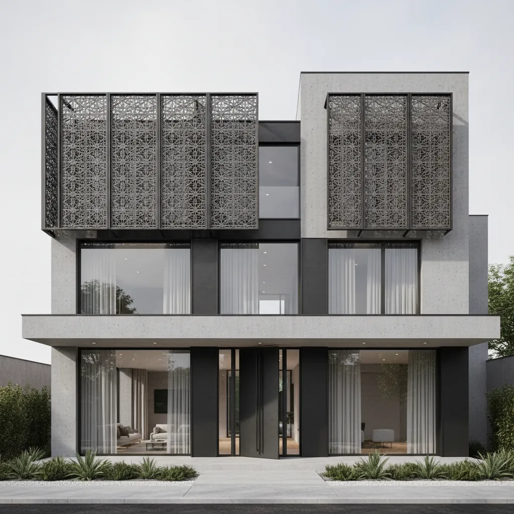 modern house facade with decorative jali screen panels