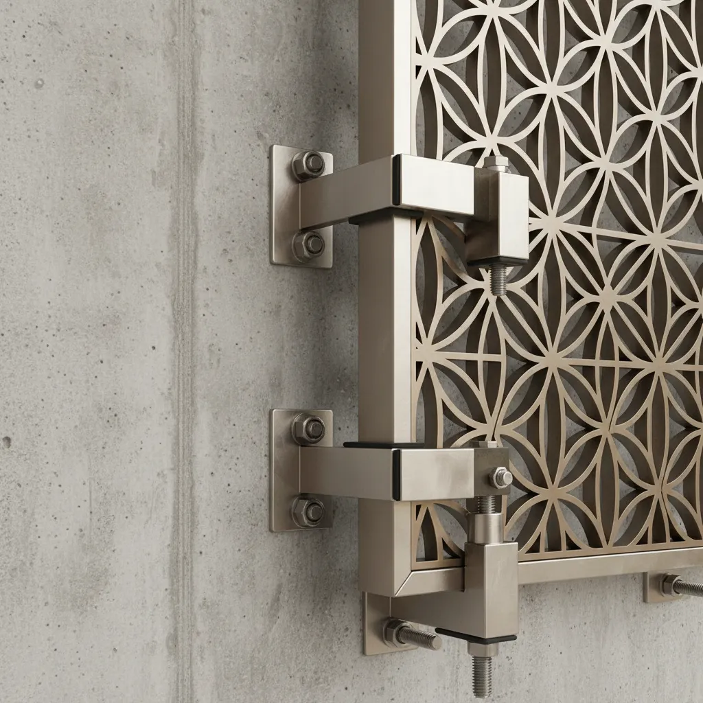 close up of metal bracket system securing jali facade panels to building structure