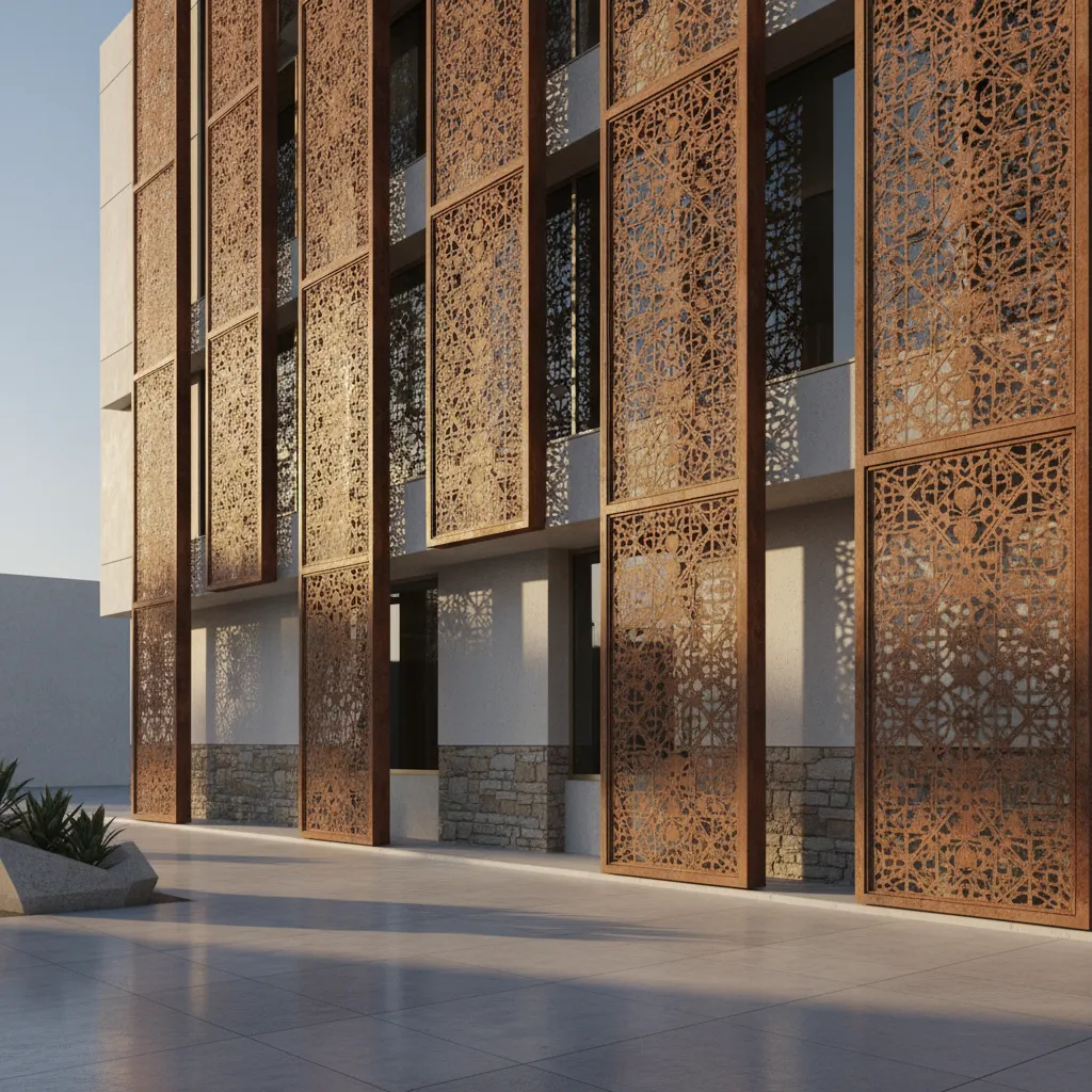 architectural facade with decorative jali panels casting patterned shadows