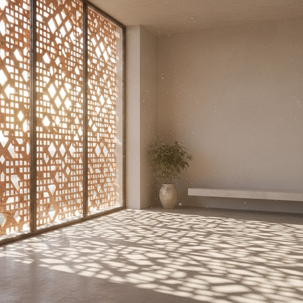 architectural jali screen casting geometric shadow patterns on building interior