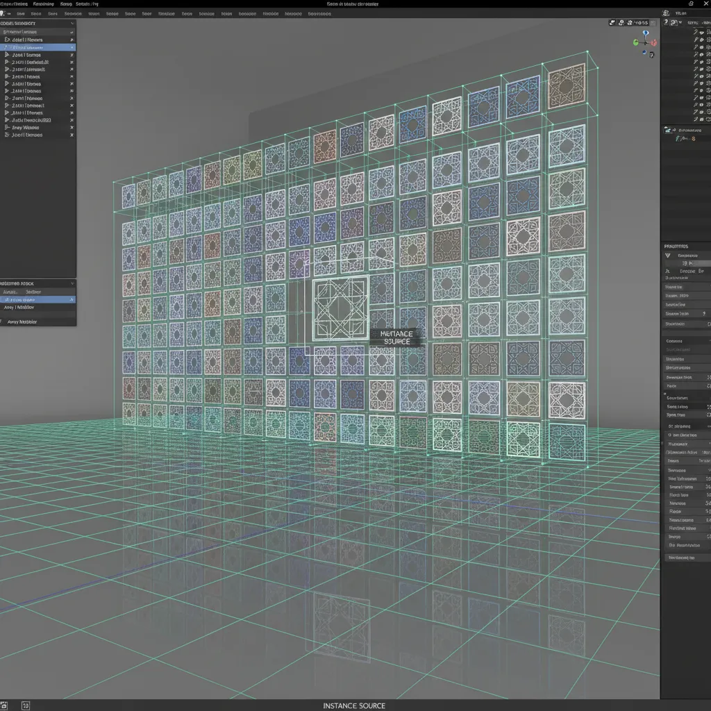 3D modeling workflow showing instanced lattice modules forming a full jali screen