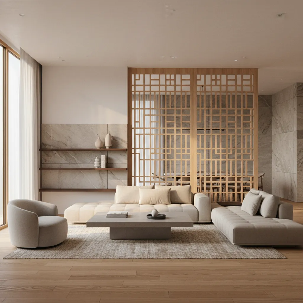 decorative interior jali partition dividing modern living space