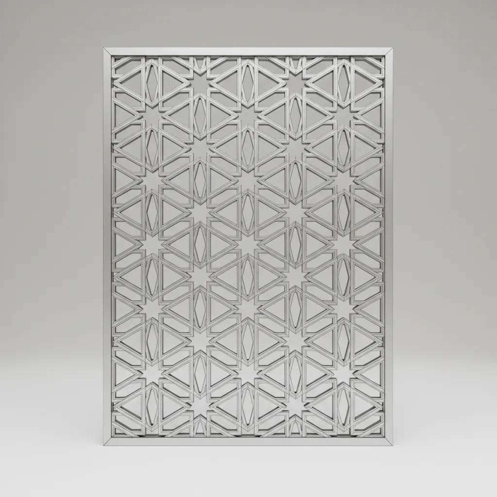 3D modeled geometric jali lattice panel showing repeating pattern structure