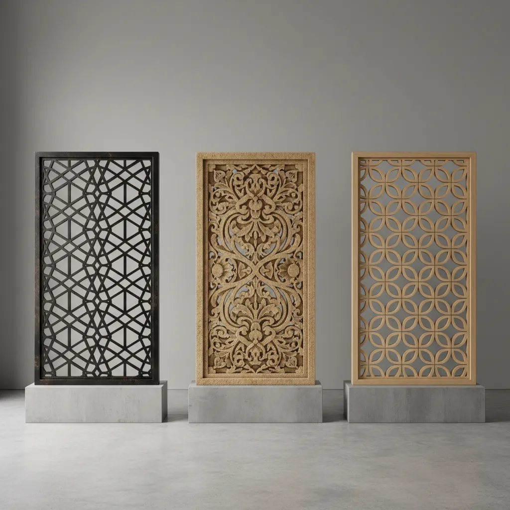 comparison of jali screens made from metal wood and stone materials