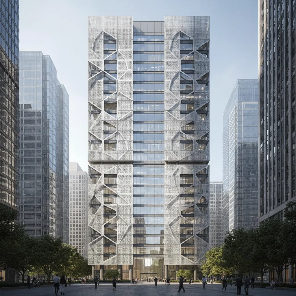 modern office building with perforated jali double skin facade shading glass curtain wall