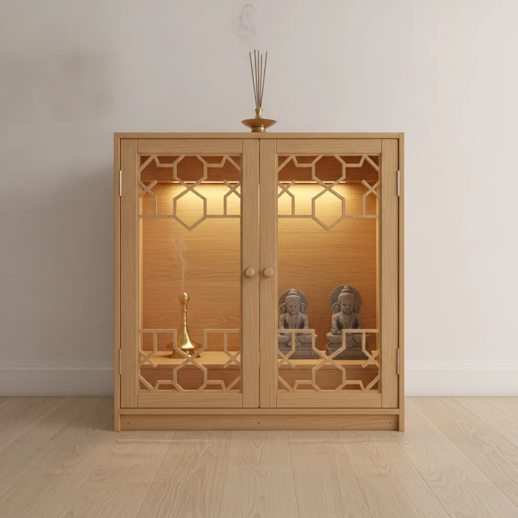 Wooden jali pooja room cabinet doors in a small apartment