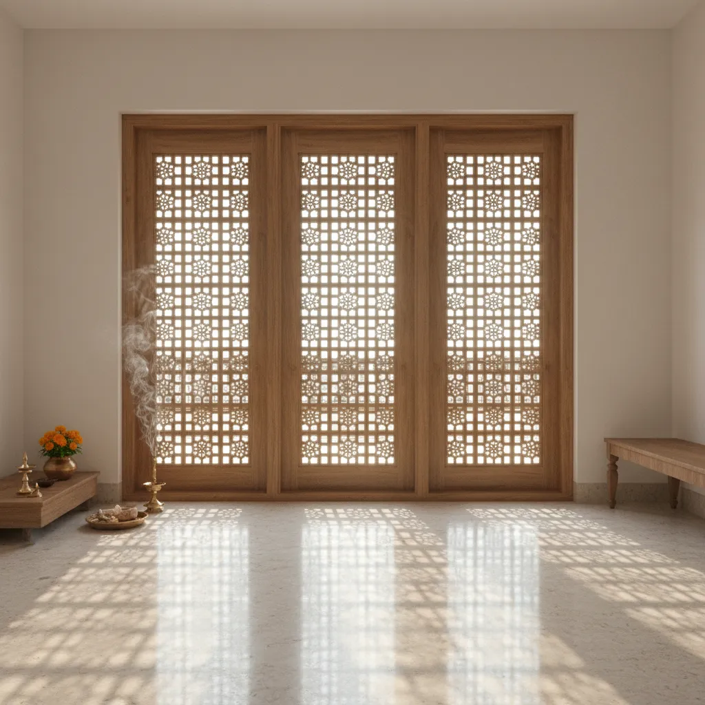 Wooden jali pooja room door allowing light and airflow
