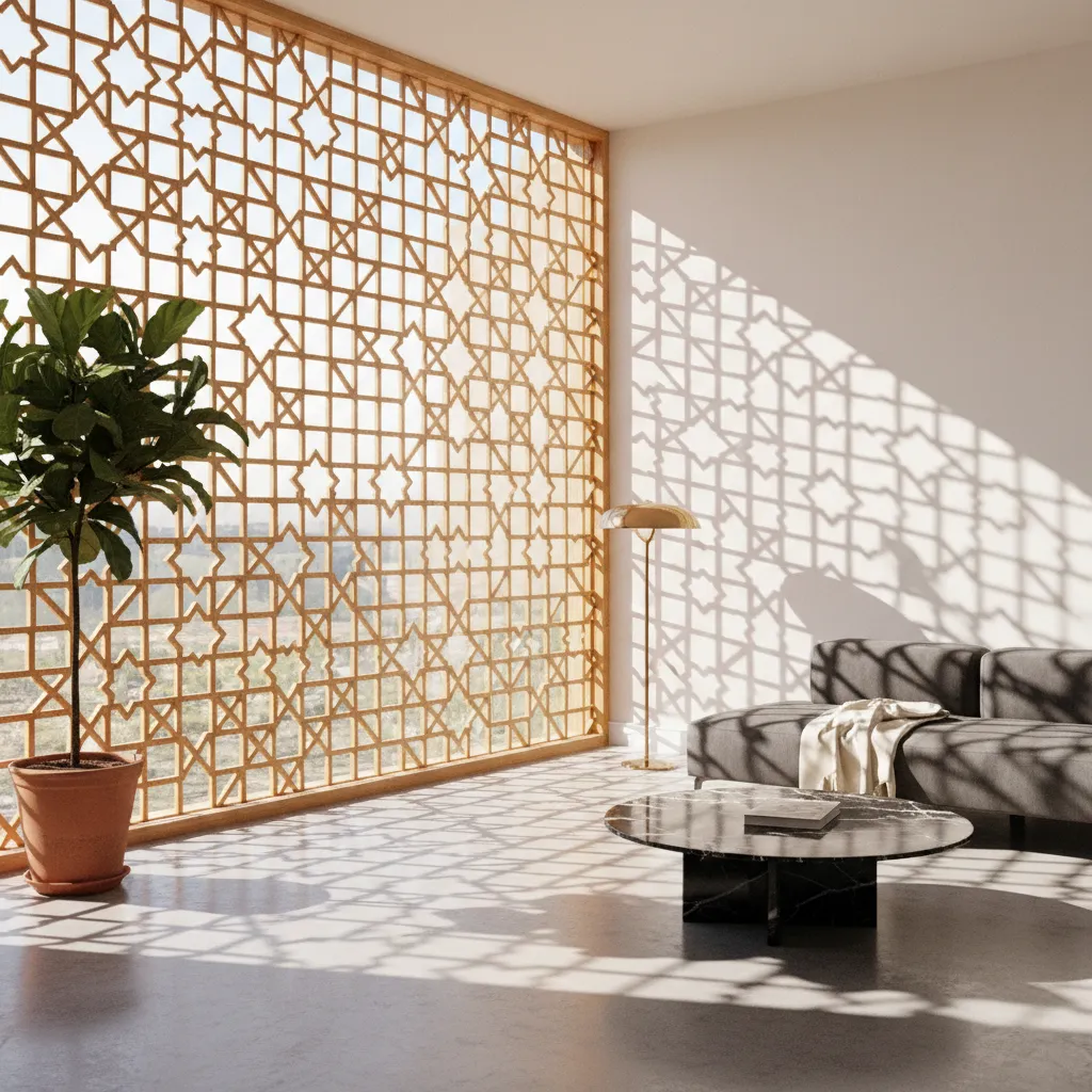 sunlight passing through decorative jali screen creating patterned shadows inside a modern interior