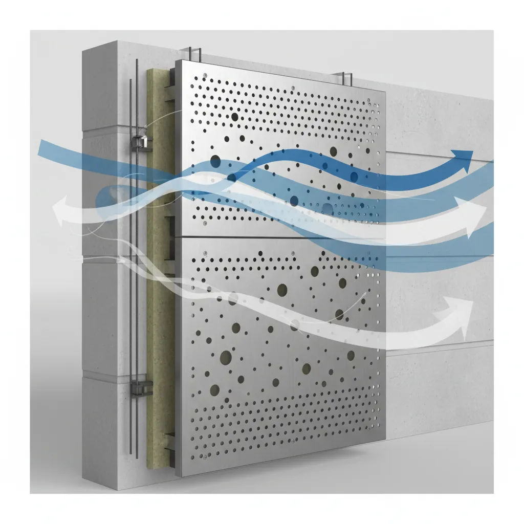 architectural visualization of jali panel mounted on facade showing wind load direction