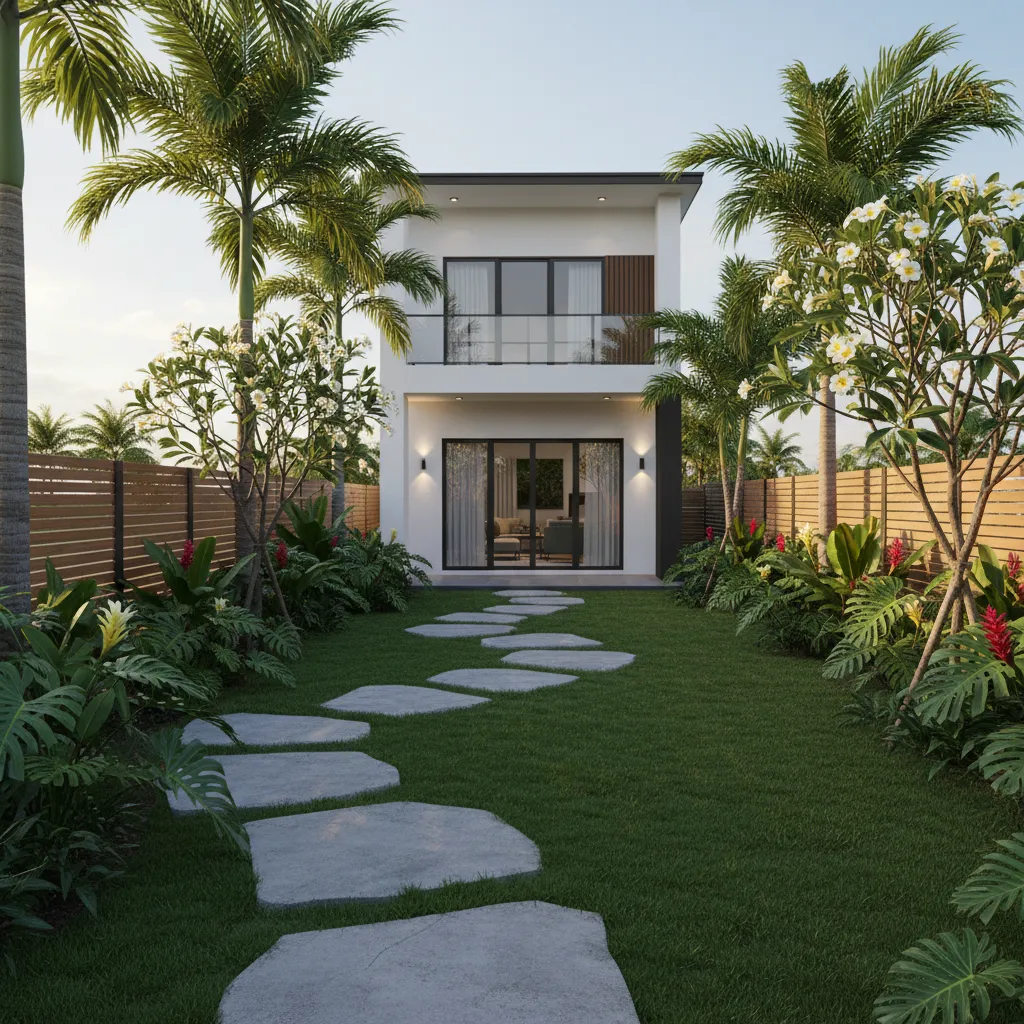 Modern white house with green lawn stone path palm trees and a wooden garden fence
