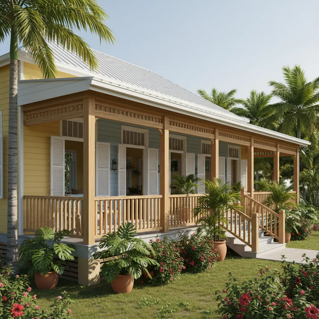 Jamaican tropical house with large shaded veranda and open windows