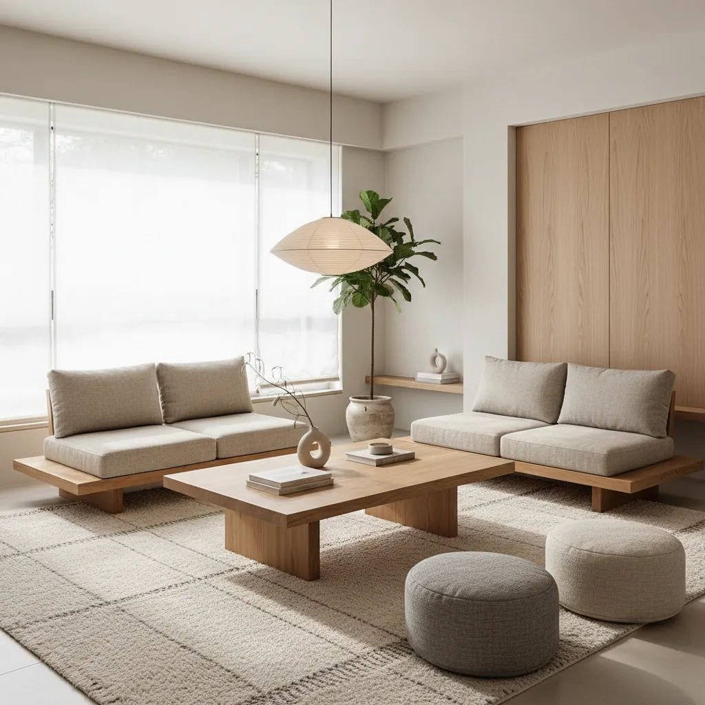 Interior estilo japandi con muebles bajos y materiales naturales